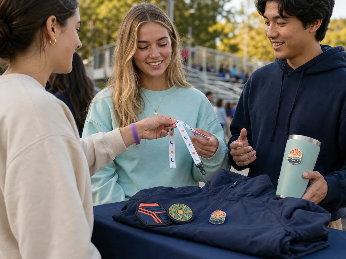 College students sharing custom lanyards, wristbands, patches and enamel pins at a school event