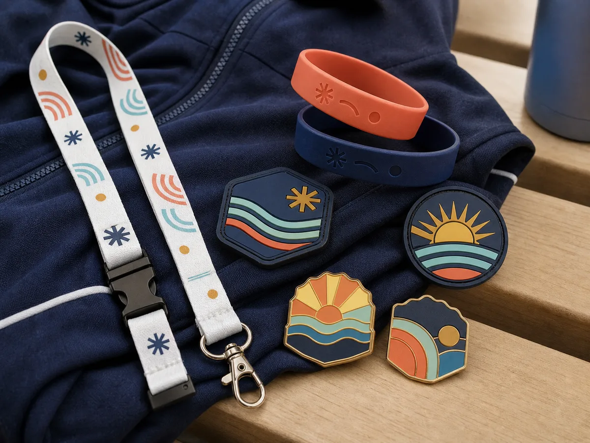 Coordinated school spirit set with custom lanyards, wristbands, PVC patches and enamel pins