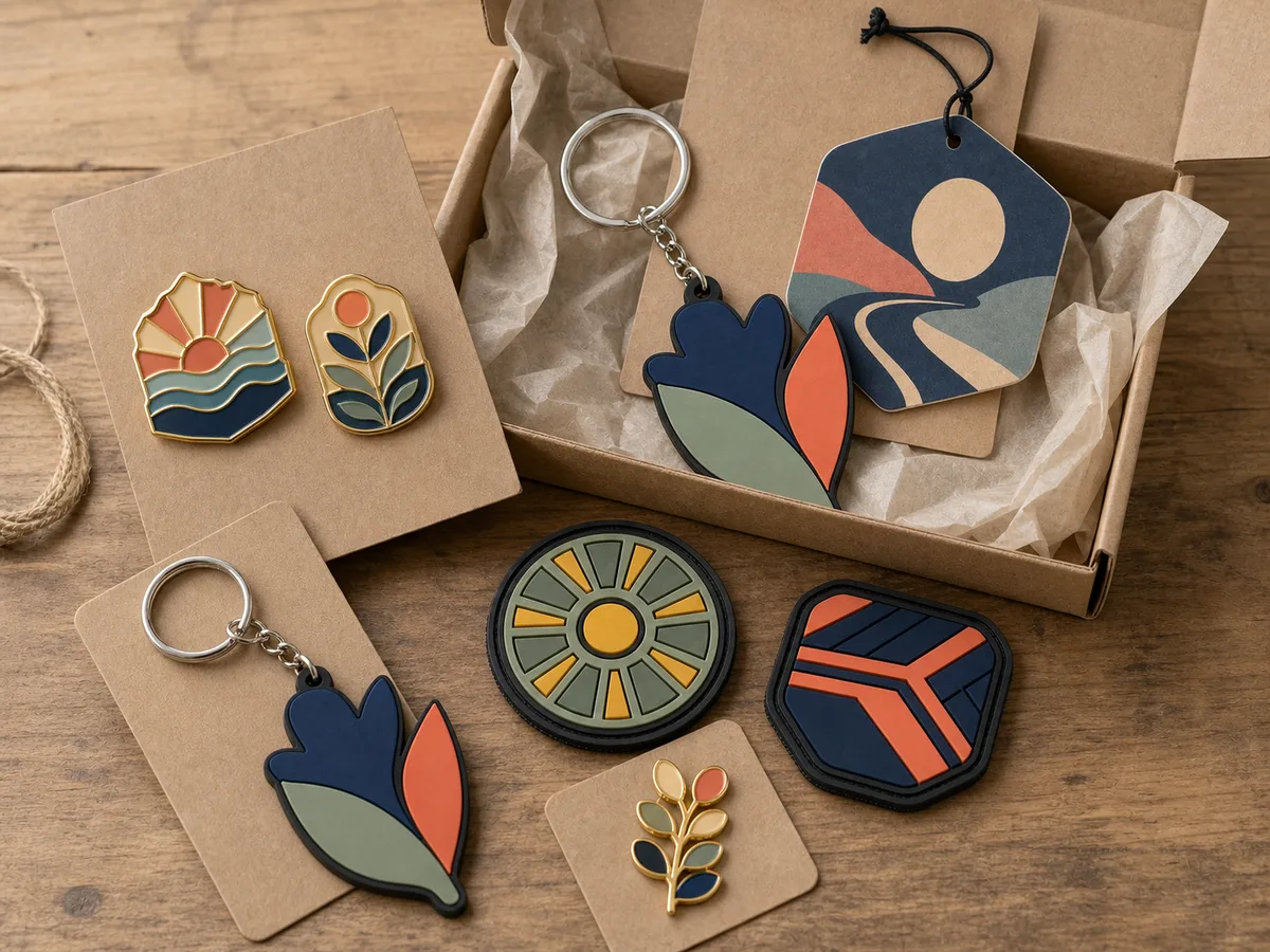 Small business merchandise pack with custom keychains, enamel pins, PVC patches and an air freshener